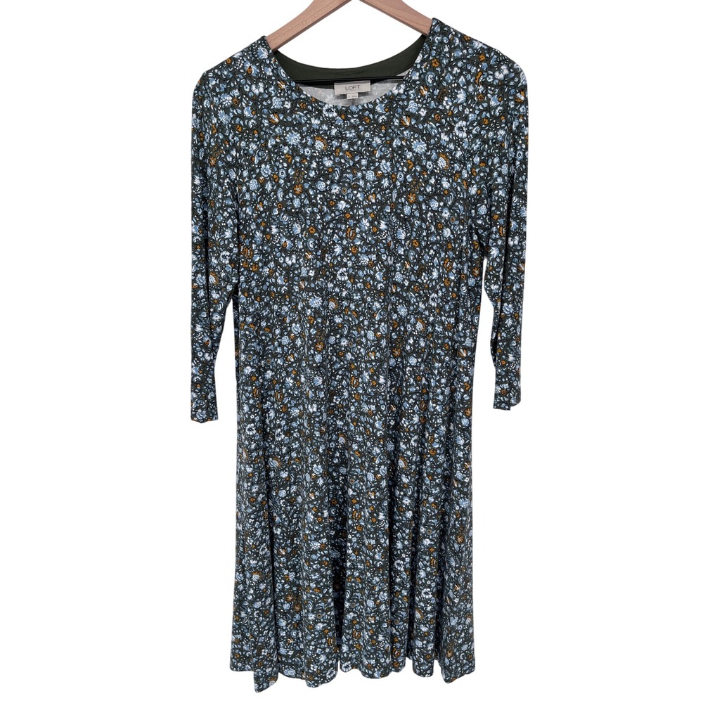 LOFT Outlet Floral Dress Women Small Green Blue 3/4 Sleeve Knit A-Line Casual